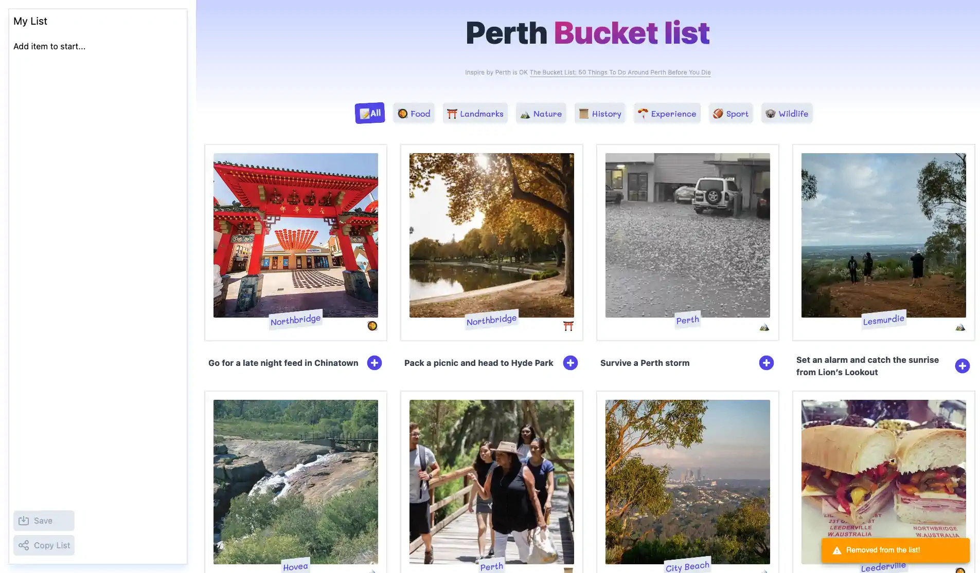 Perth Bucket List Web App screenshot - 1